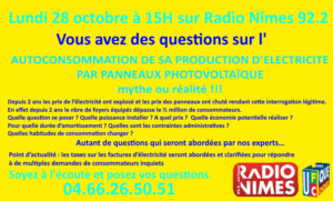 Lundi 28/10/24 15H s/Radio Nîmes on parle de l’autoconsommation et des taxes d’électricité